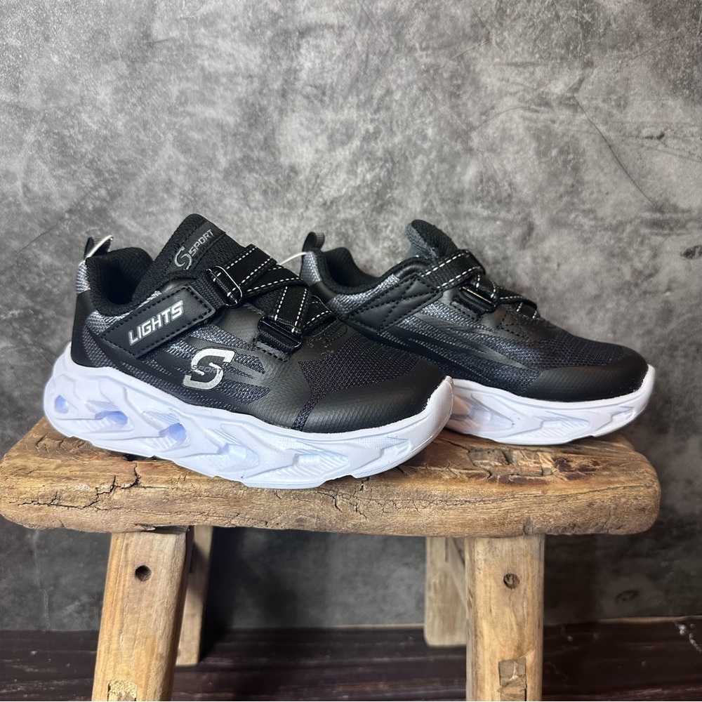 Skechers S Sport Lights Rollo Black / White Adjustable Strap Boy Size 10